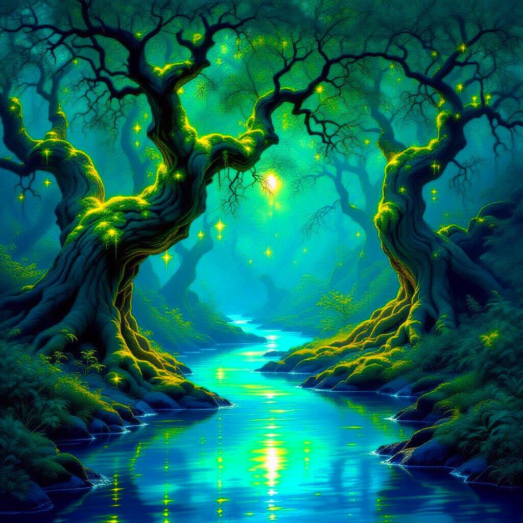 Enchanted Forest with Bioluminescent Moss, Renaissance Style