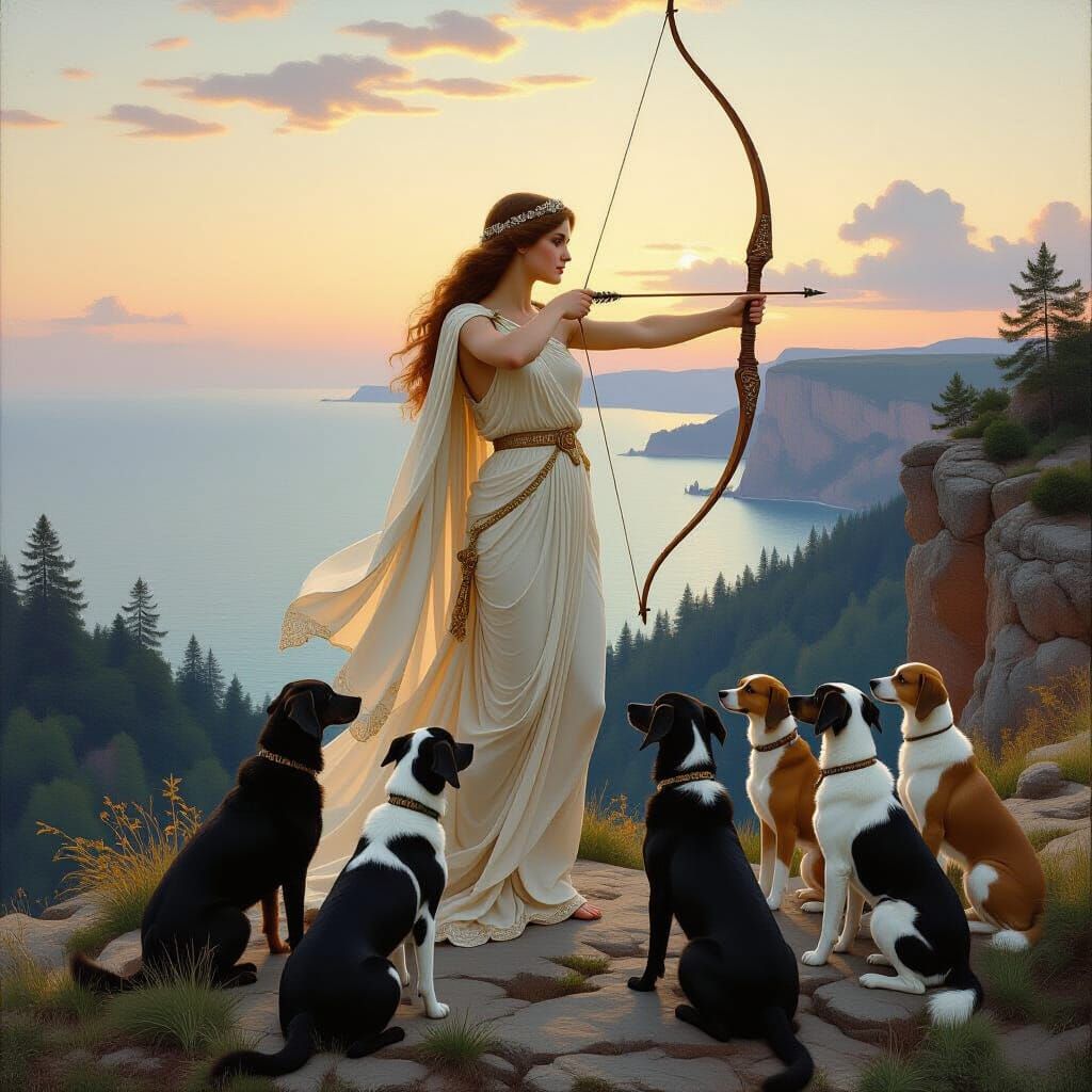Goddess Artemis with Hunting Hounds, Oil Painting