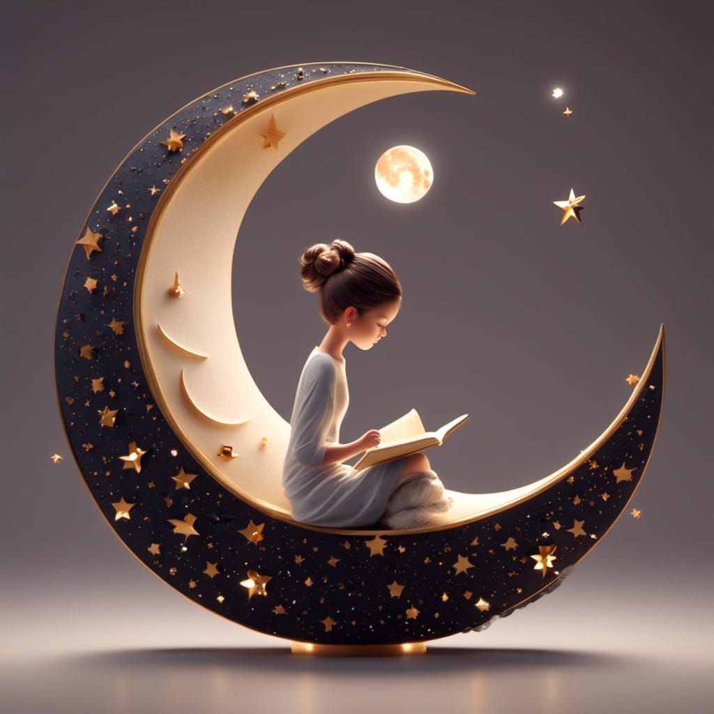 Girl Reading Book on Moon in Space