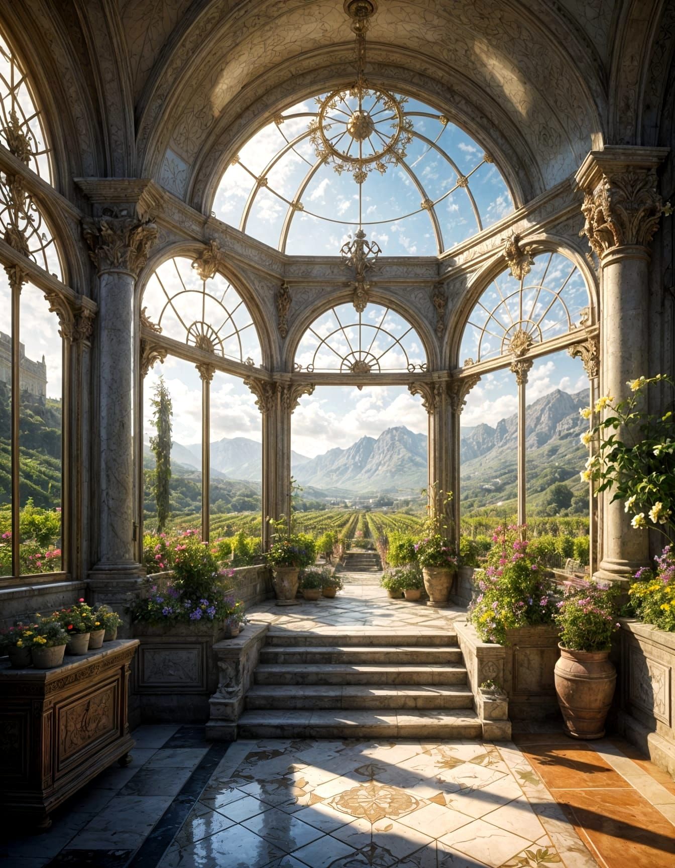 Italian Renaissance Garden Greenhouse with Ornate Patio Wind...