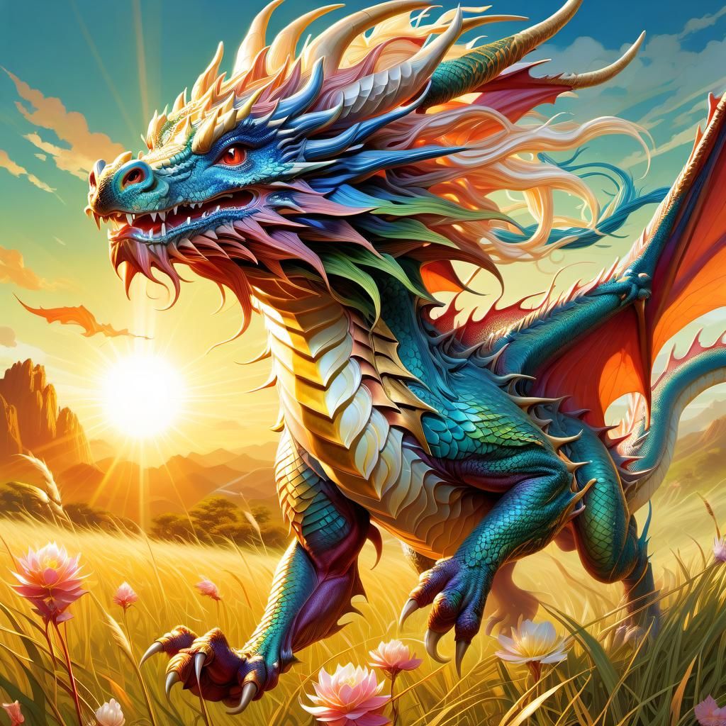 Mythical Dragon Running in Sunny Field: Anime Style