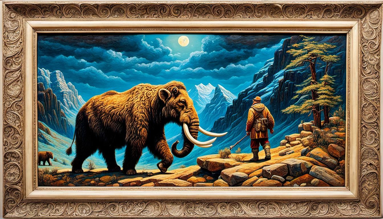 Dream of Mammoth Hunt as Oil Painting