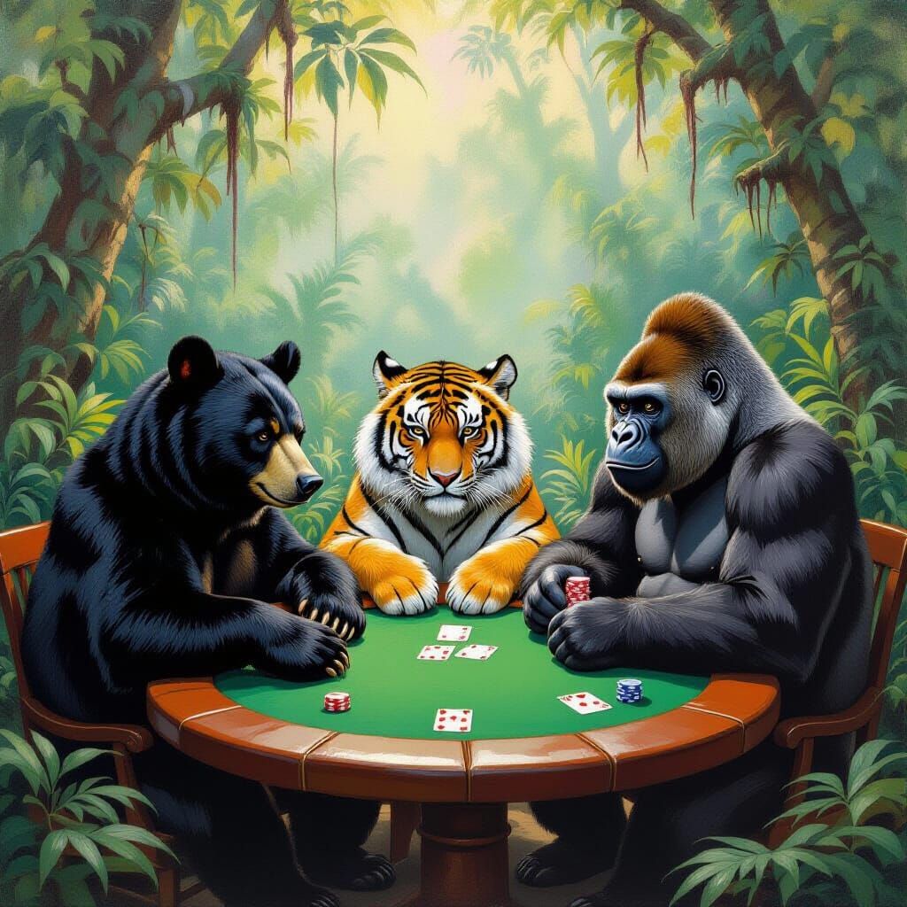 Animals Play Poker in Jungle Landscape, Oil Painting