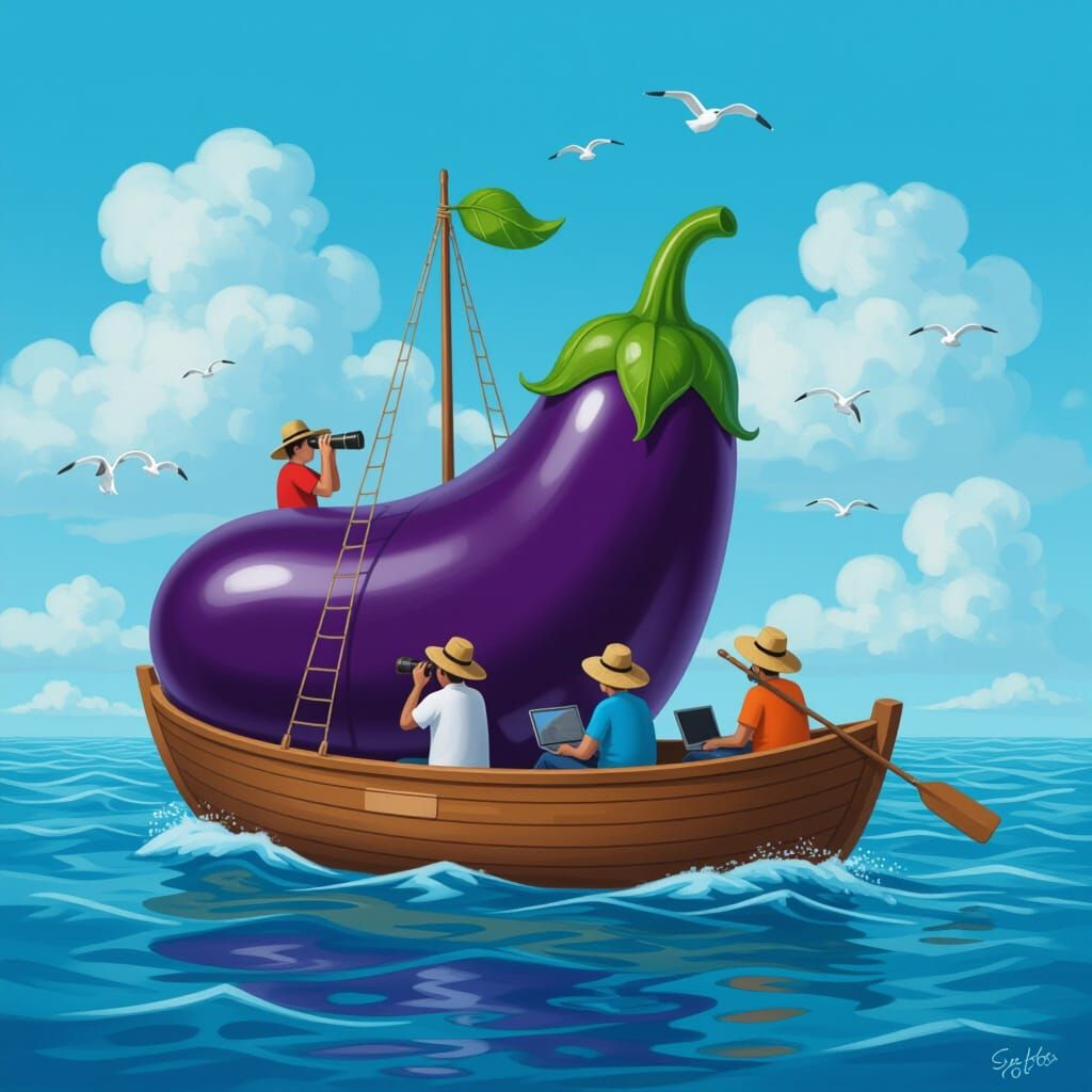 Eggplant Boat Sailing on the Ocean: Whimsical Digital Art