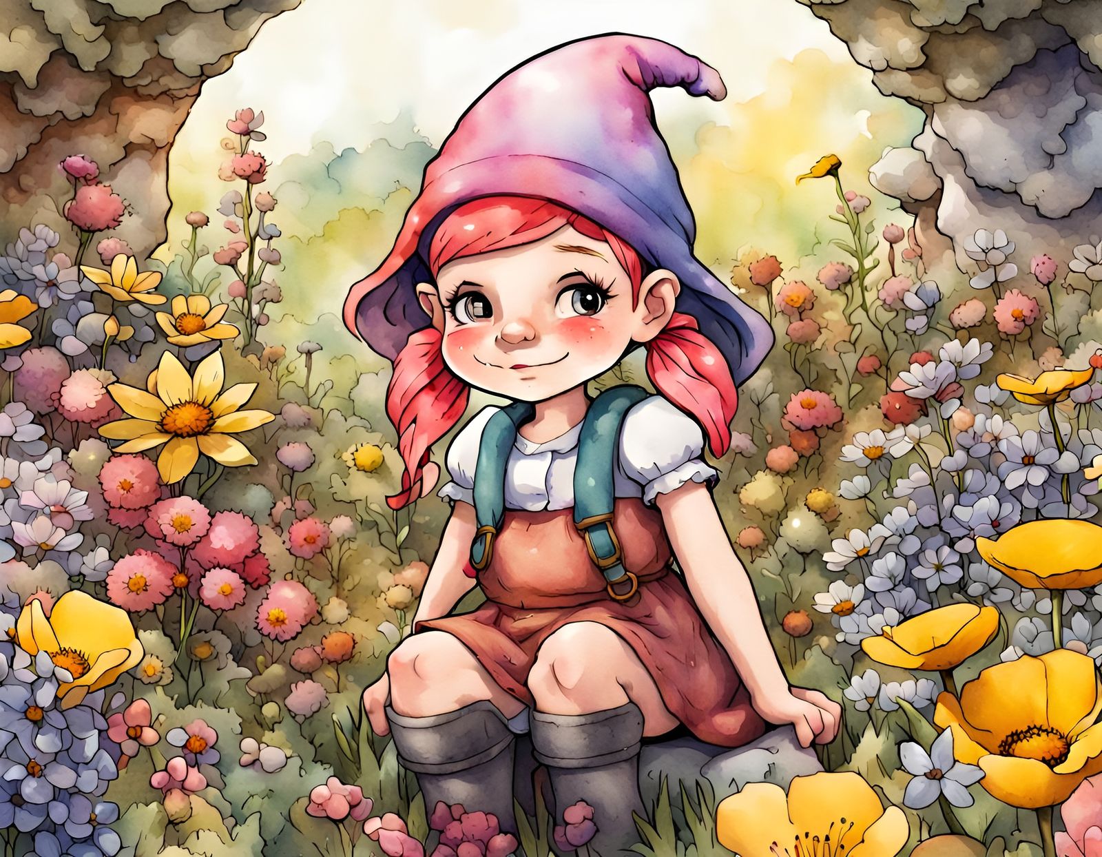 Whimsical Gnome in a Dreamcore Flower Garden