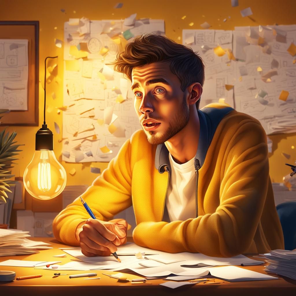 Young Man's Eureka Moment in Hyper-Realistic Digital Art