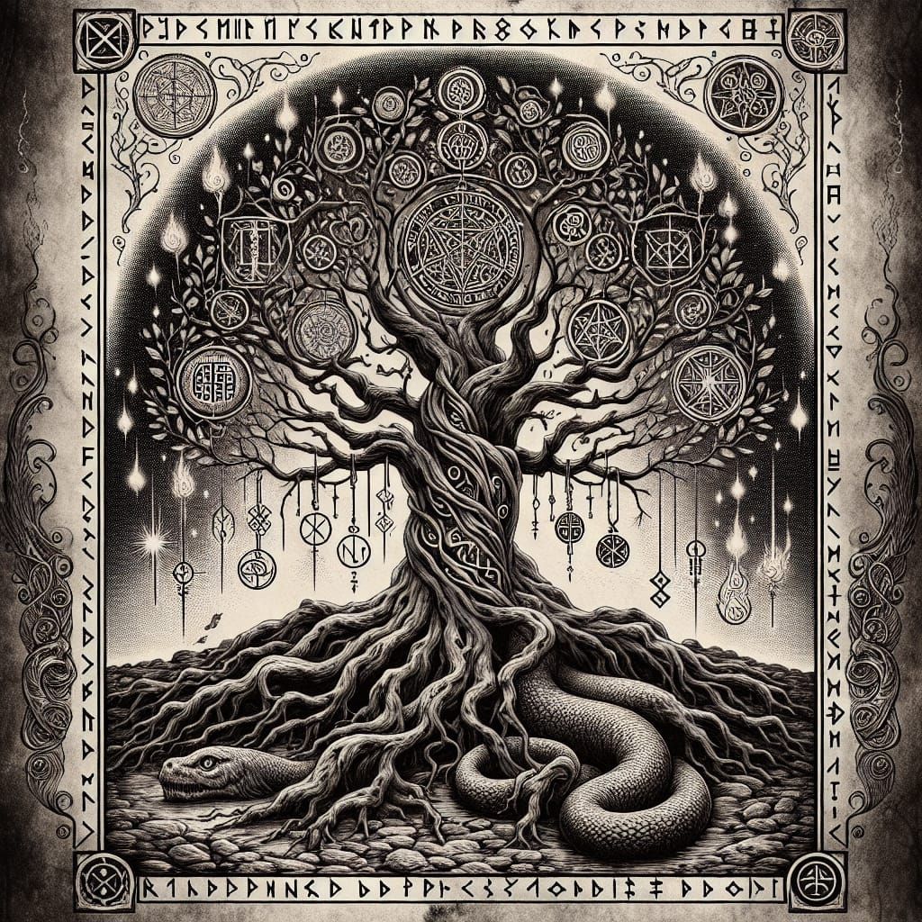Norse Yggdrasil Tattoo Design in Woodcut Style