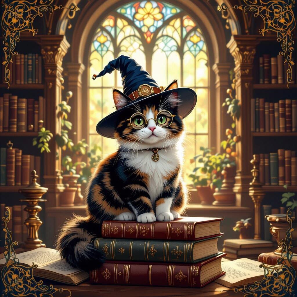 A whimsical tortoiseshell cat wearing a tiny wizard's hat an...