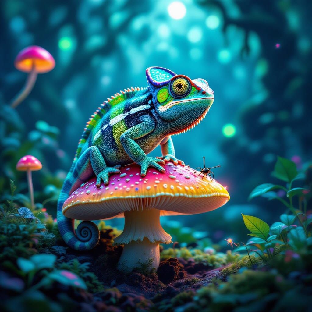 Bioluminescent Chameleon on Alien Mushroom