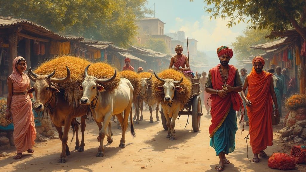 Indian Village Marketplace in Mughal Miniature Style