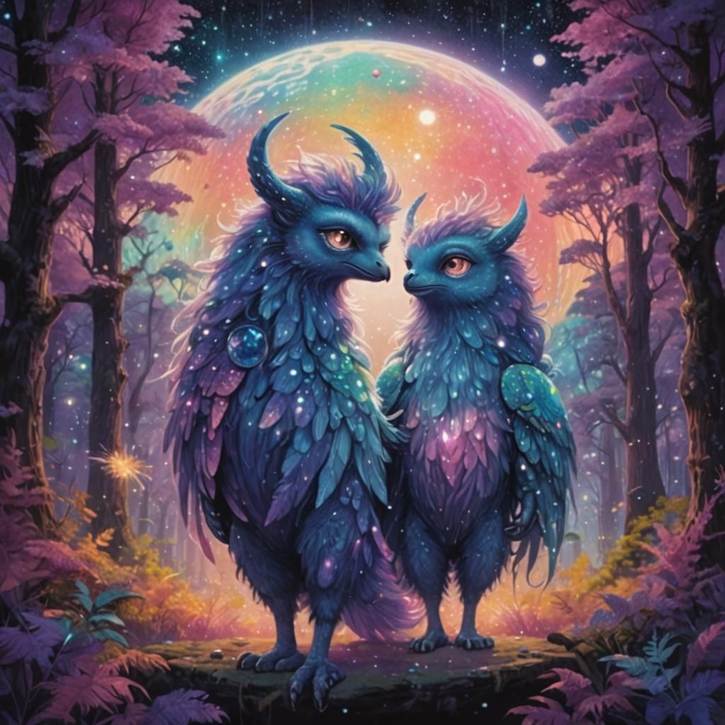 Sparkling Alien Creatures in Pointillist Sci-Fi Forest