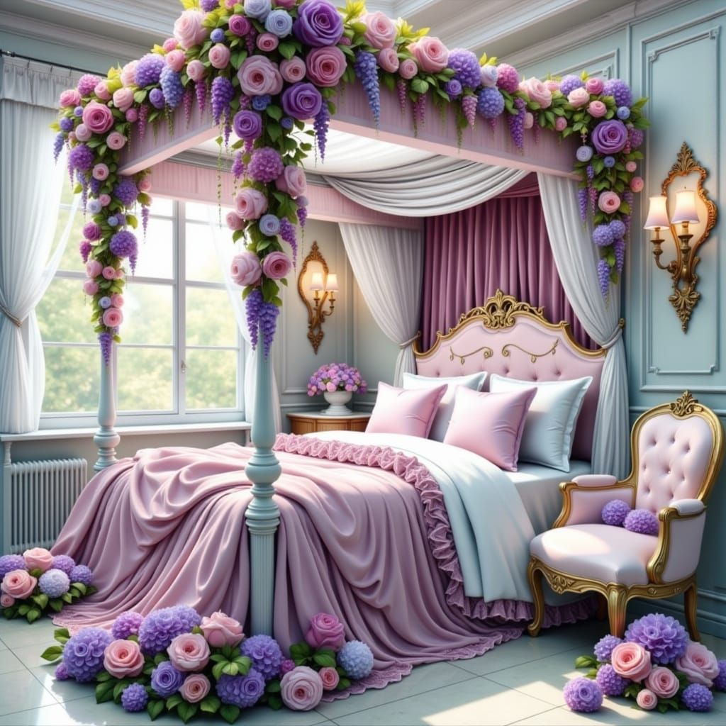 Dreamy Fairy-Tale Bedroom with Floral Canopy Bed