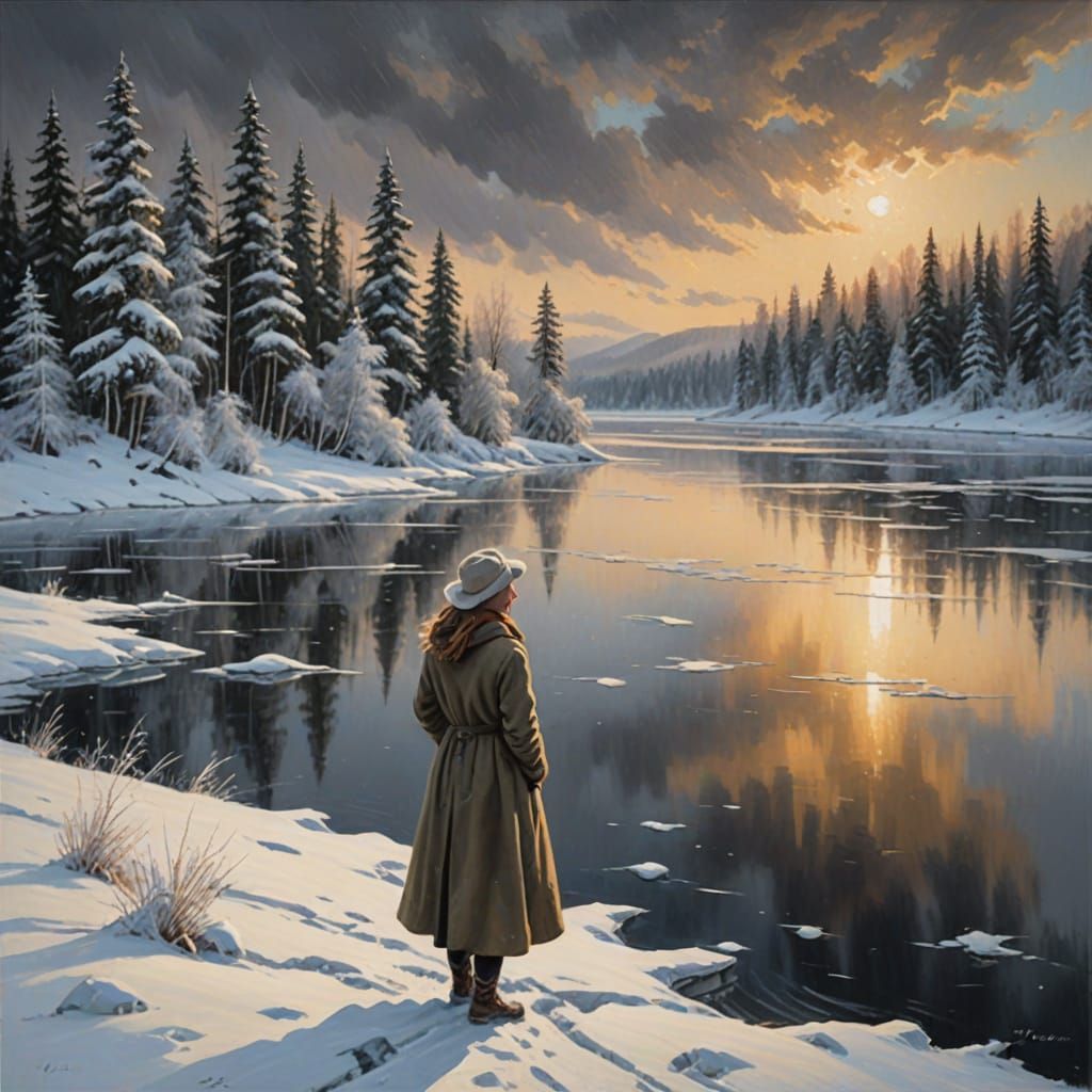 Winter Wonderland Scene in Oil Painting Style