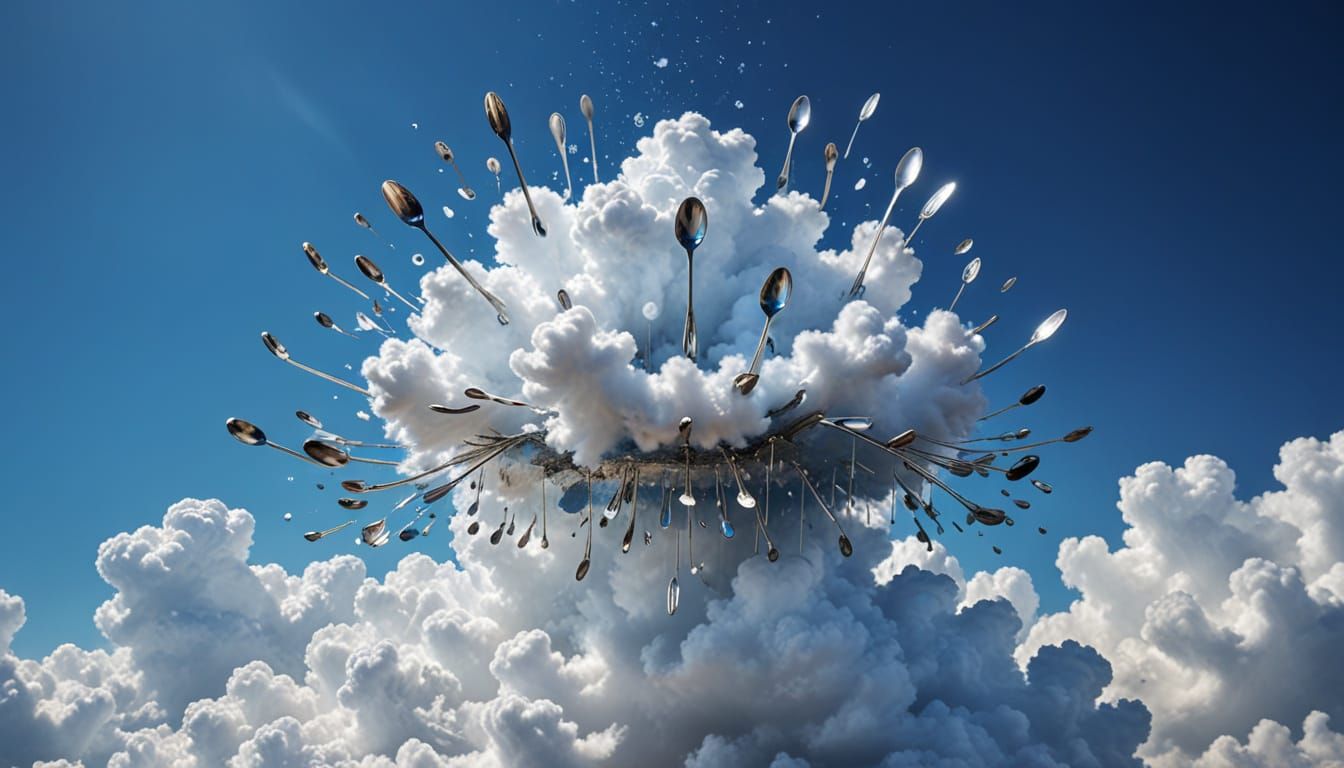 Surreal Cloud of Spoons in Blue Sky