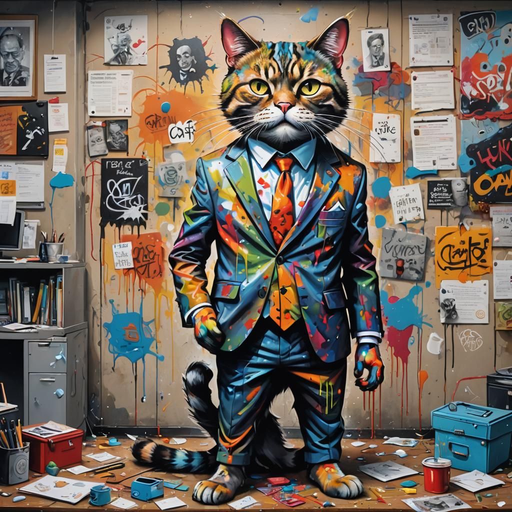 Comical Cat in Suit: Graffiti Art Style
