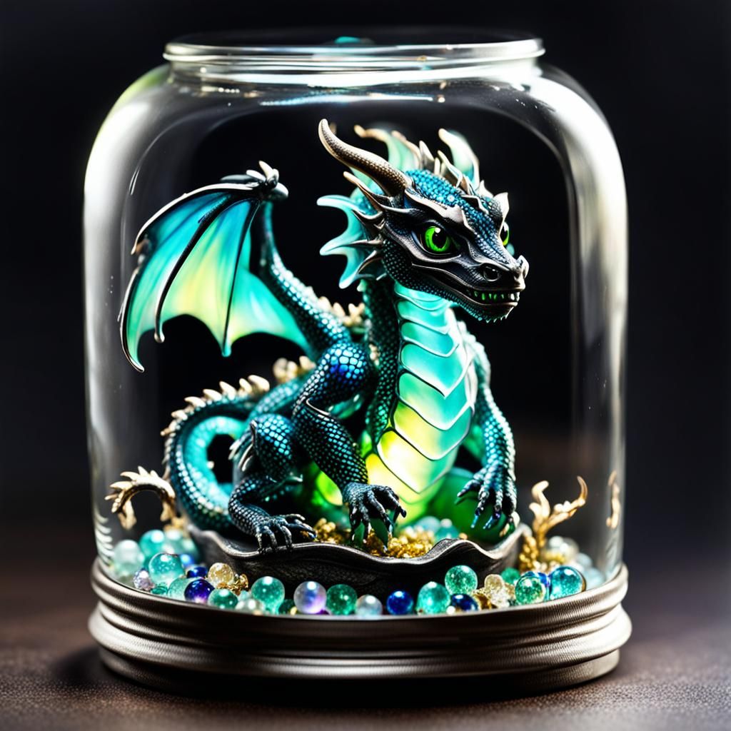 Miniature Dragon in Mason Jar With Glass Jewelry
