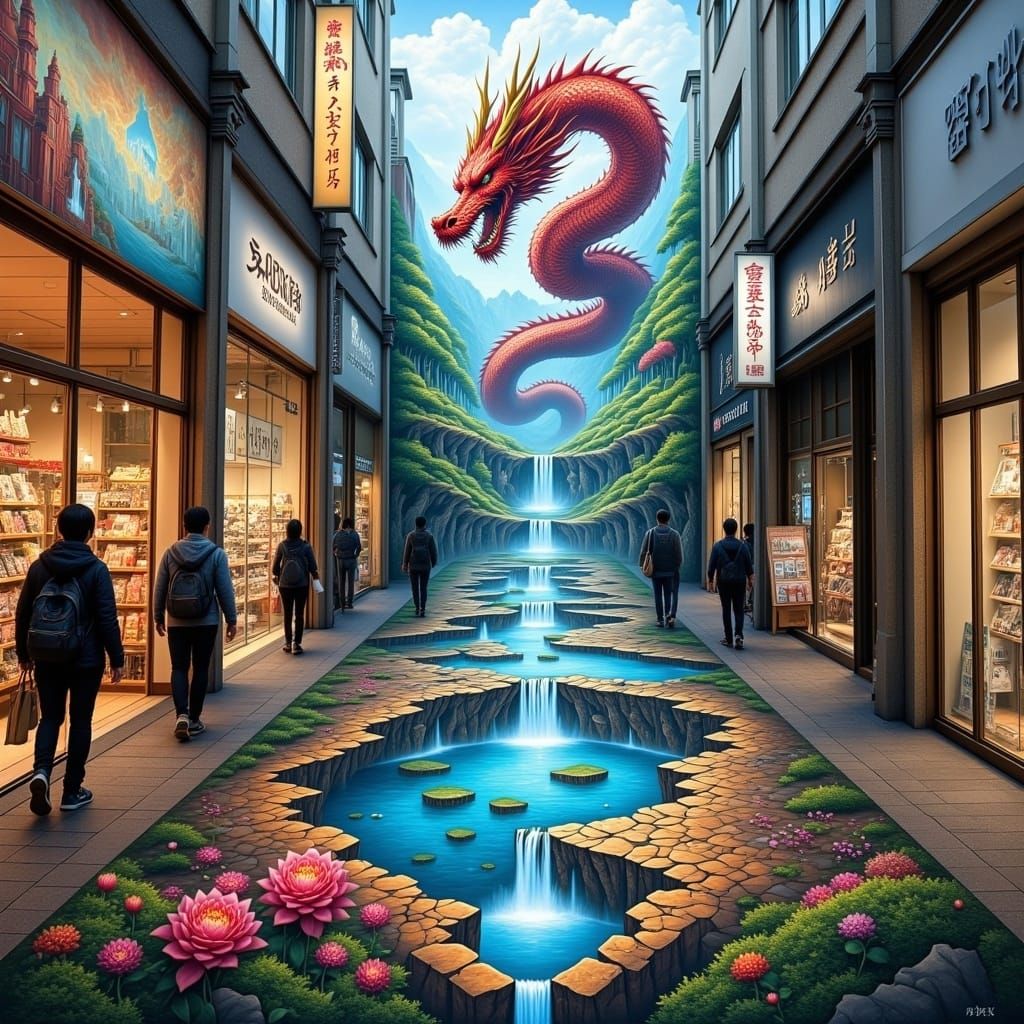 Optical Illusion Dragon Street Art in Japan