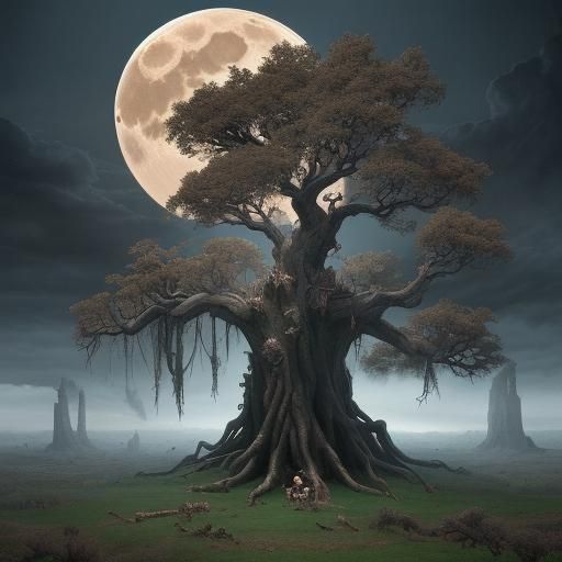 Witch Flying to Harvest Moon Under Gnarled Tree