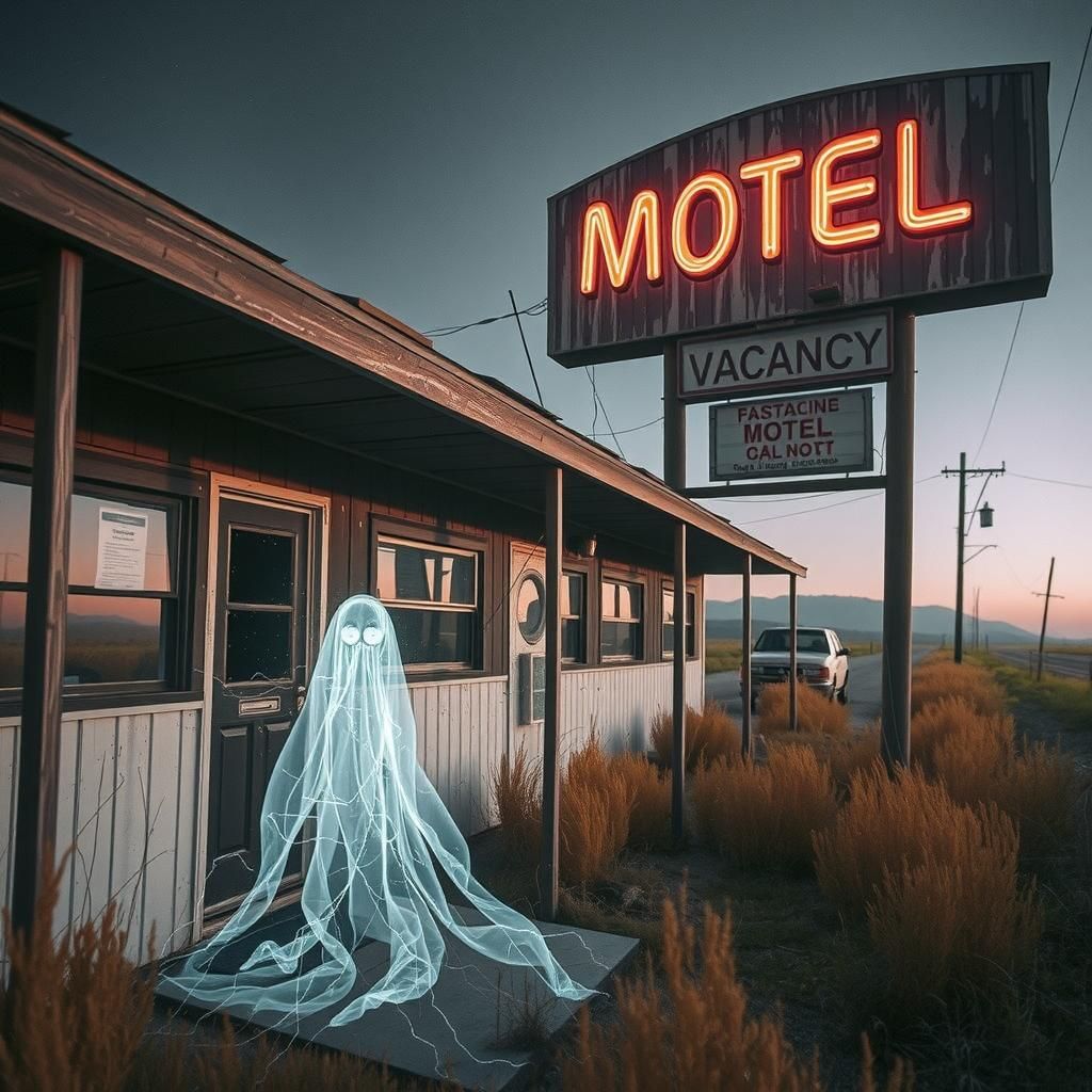 Deserted Motel with Ghostly Figure
