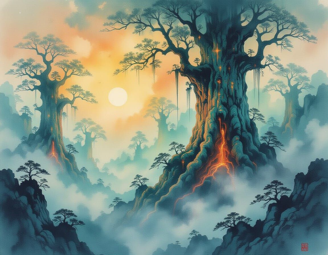 Surreal Ancient Trees in Ethereal Fog Painting