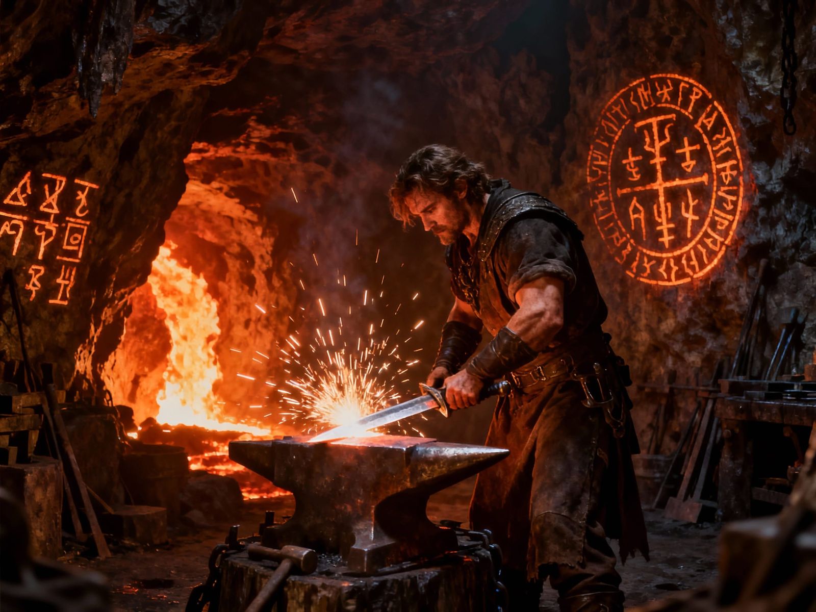 Blacksmith Forging Sword in Lava Cavern