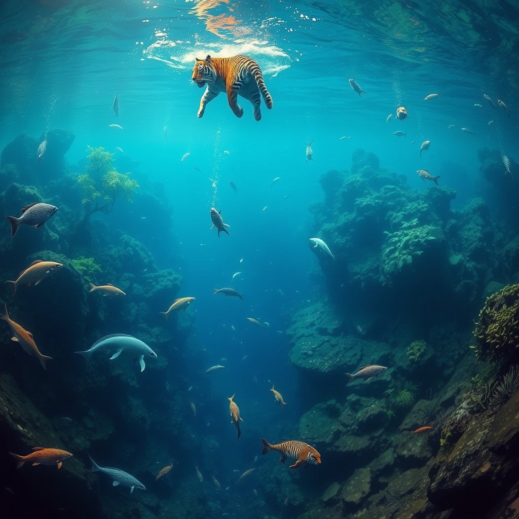 Underwater Jungle River Scene with Swimming Tiger