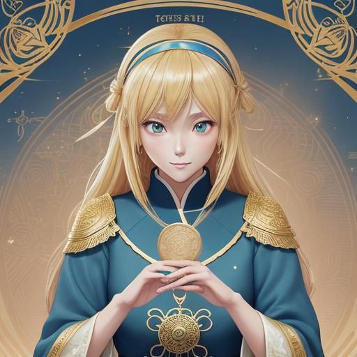 Anime Girl with Phoenix Tarot Cards in Watercolor Style