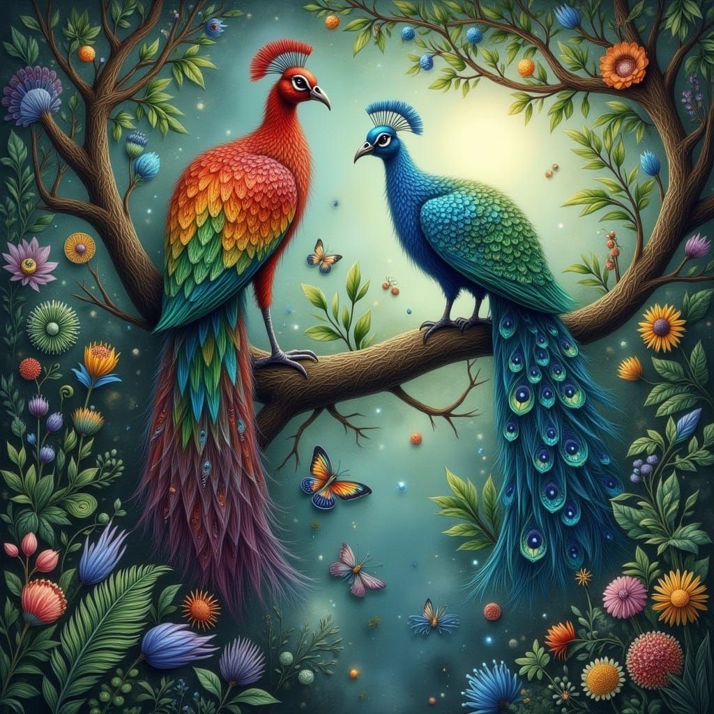 Peacocks in Enchanted Trees, Dreamy Ethereal Scene