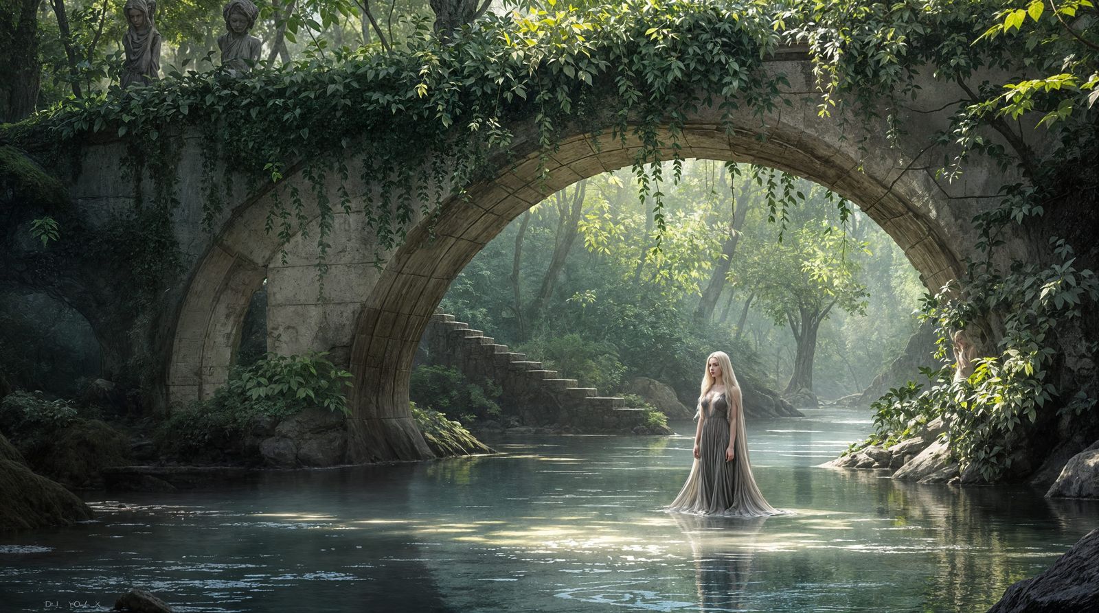 Ethereal Forest Maiden in Ancient River Setting