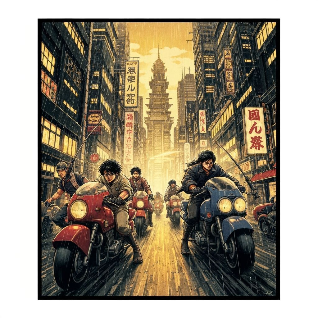 ukiyo-e style Akira and friends riding motorcycles. All them...