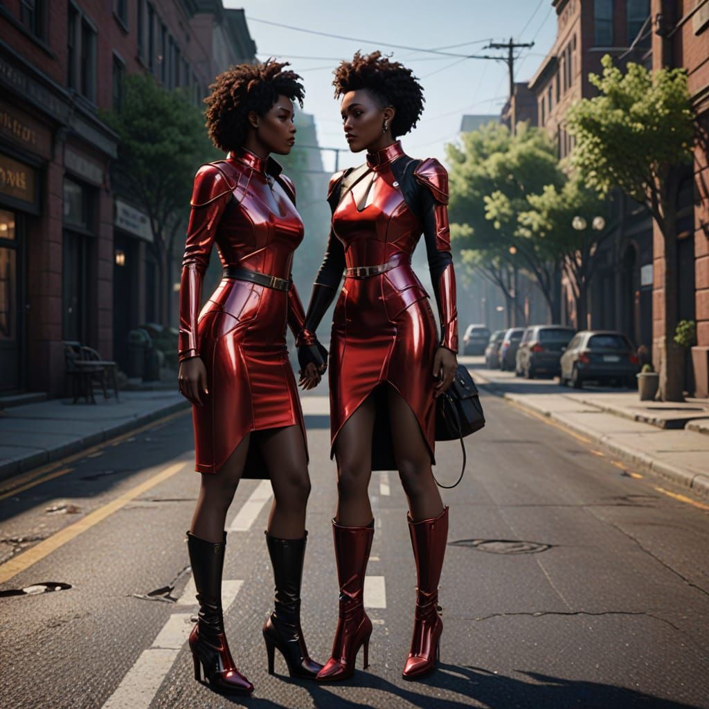 Ebony Goddesses in Red Metallic Latex, Kissing on Public Roa...