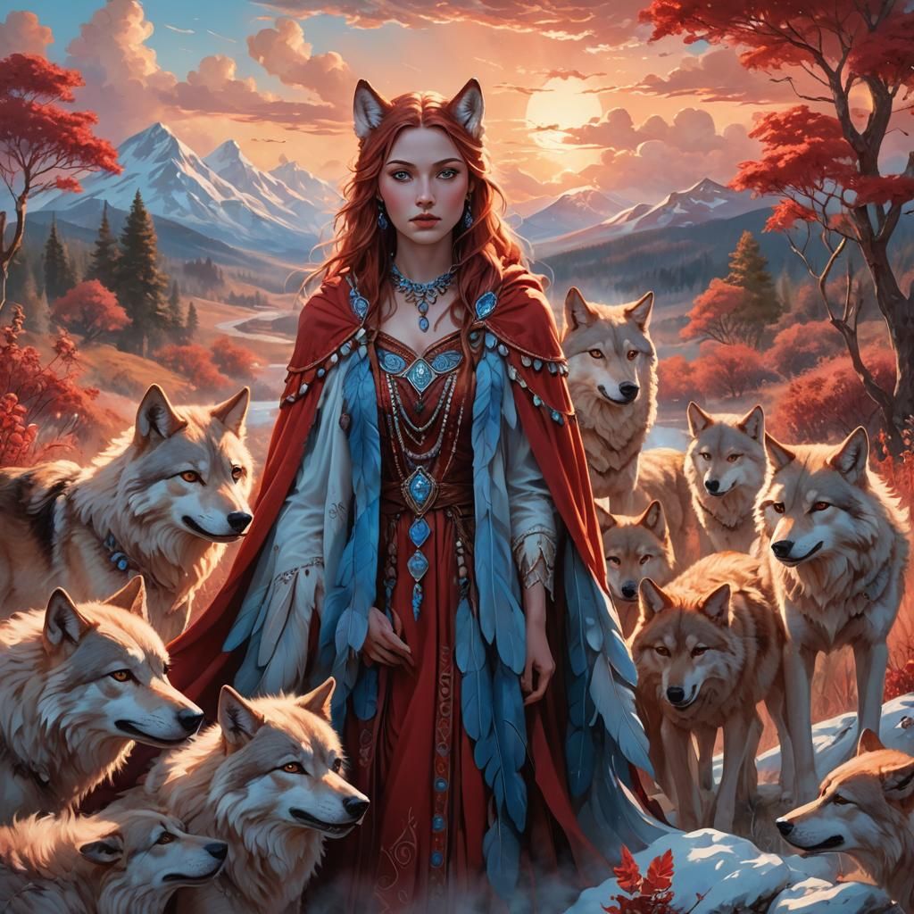 Blood Red She-Wolf Guards Her Pack at Sunset