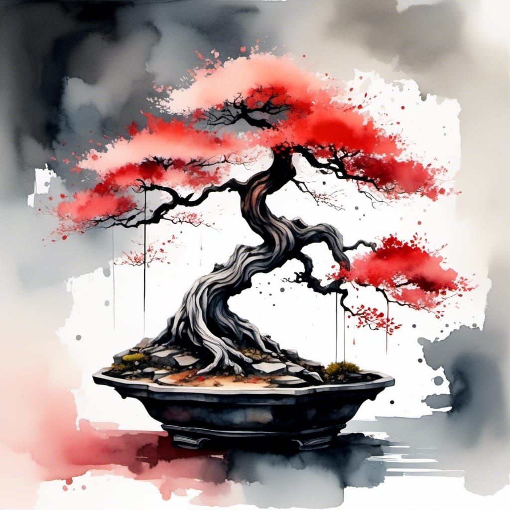 Watercolor Bonsai Tree in Abstract Style