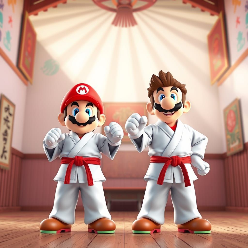 Mario and Luigi Sparring in a Pixar-Style Dojo