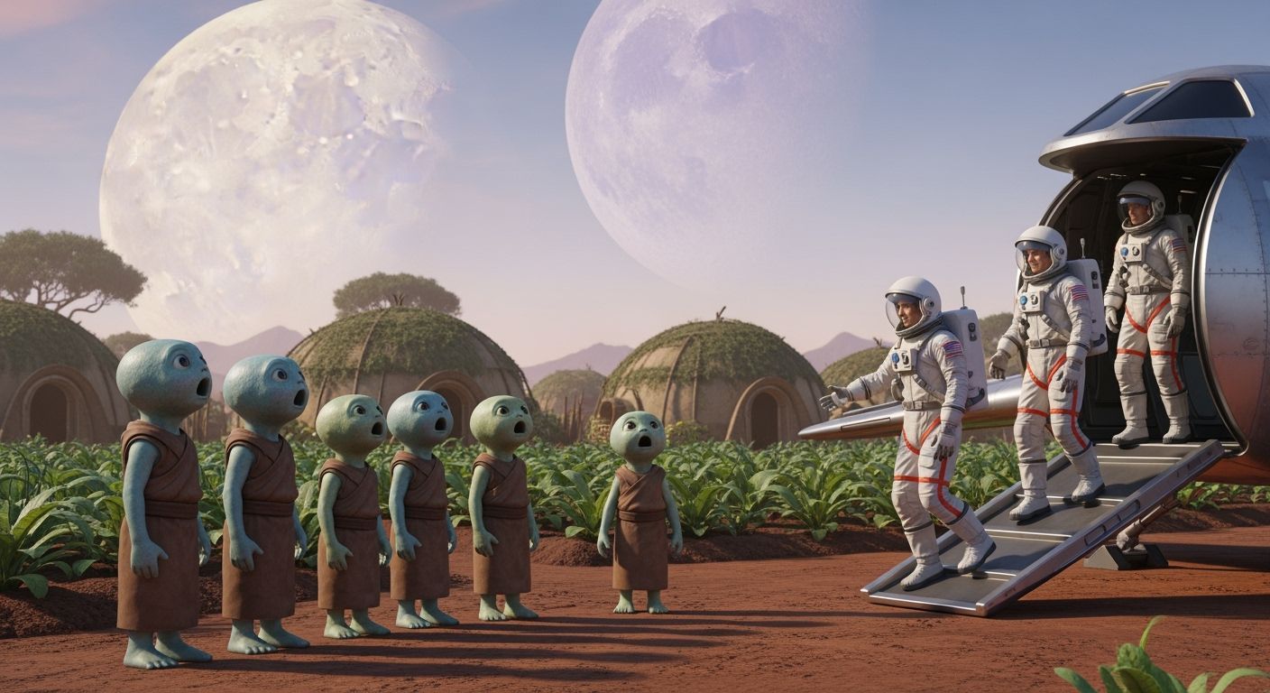 Friendly Astronauts Greet Aliens on Distant World