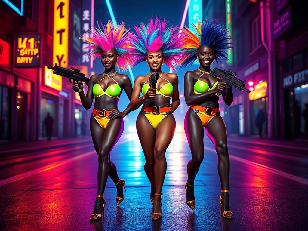 Rainbow Cyberpunk Women in Neon Cityscape