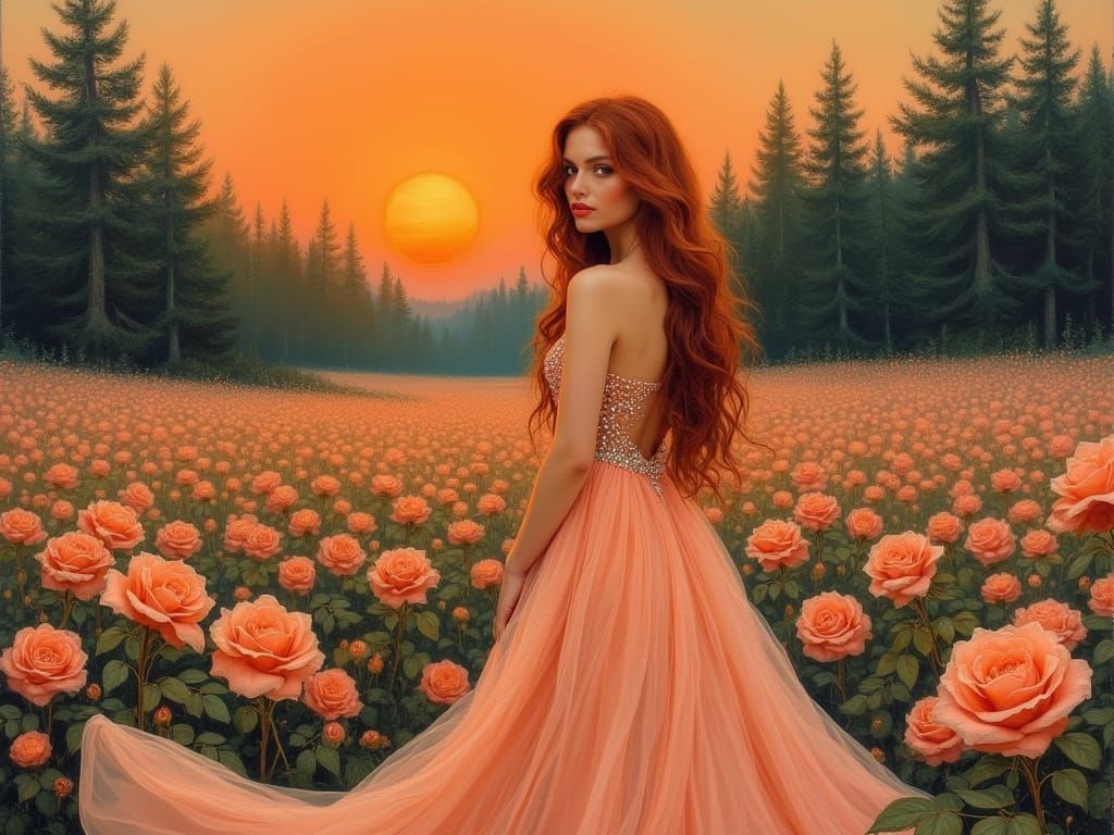 Woman in Peach Rose Gown at Sunset