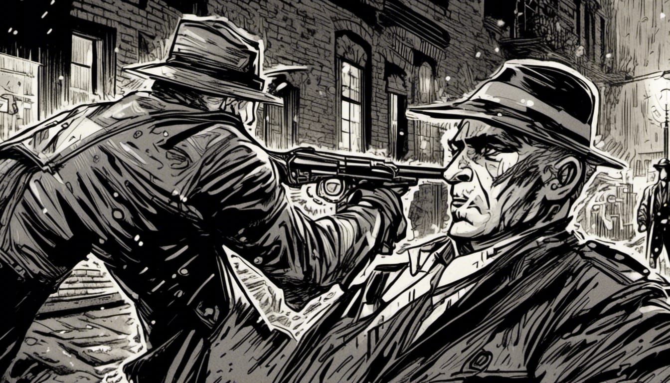 Noir Detective Confrontation in City Alleyway