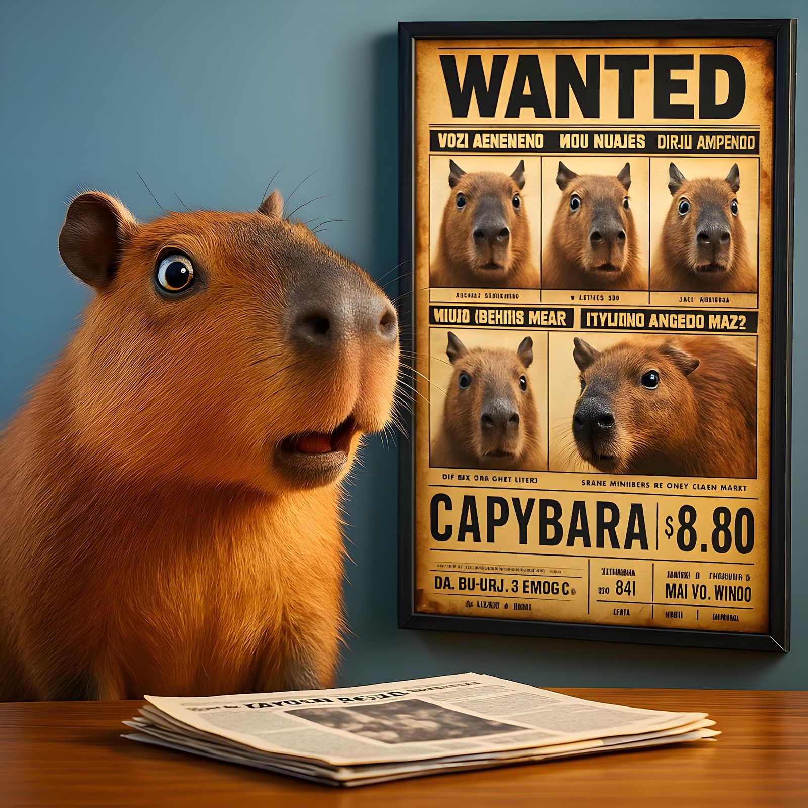 Surprised Capybara Looking at Wanted Poster in Hyperrealism