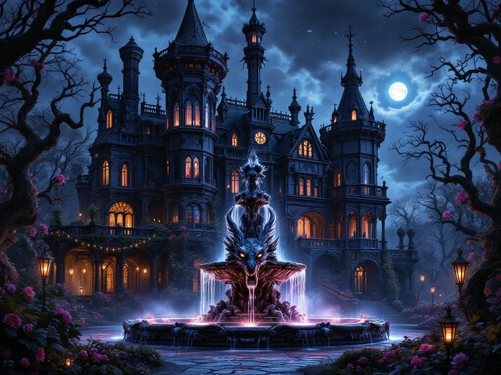 Majestic Gothic Mansion Under Celestial Twilight