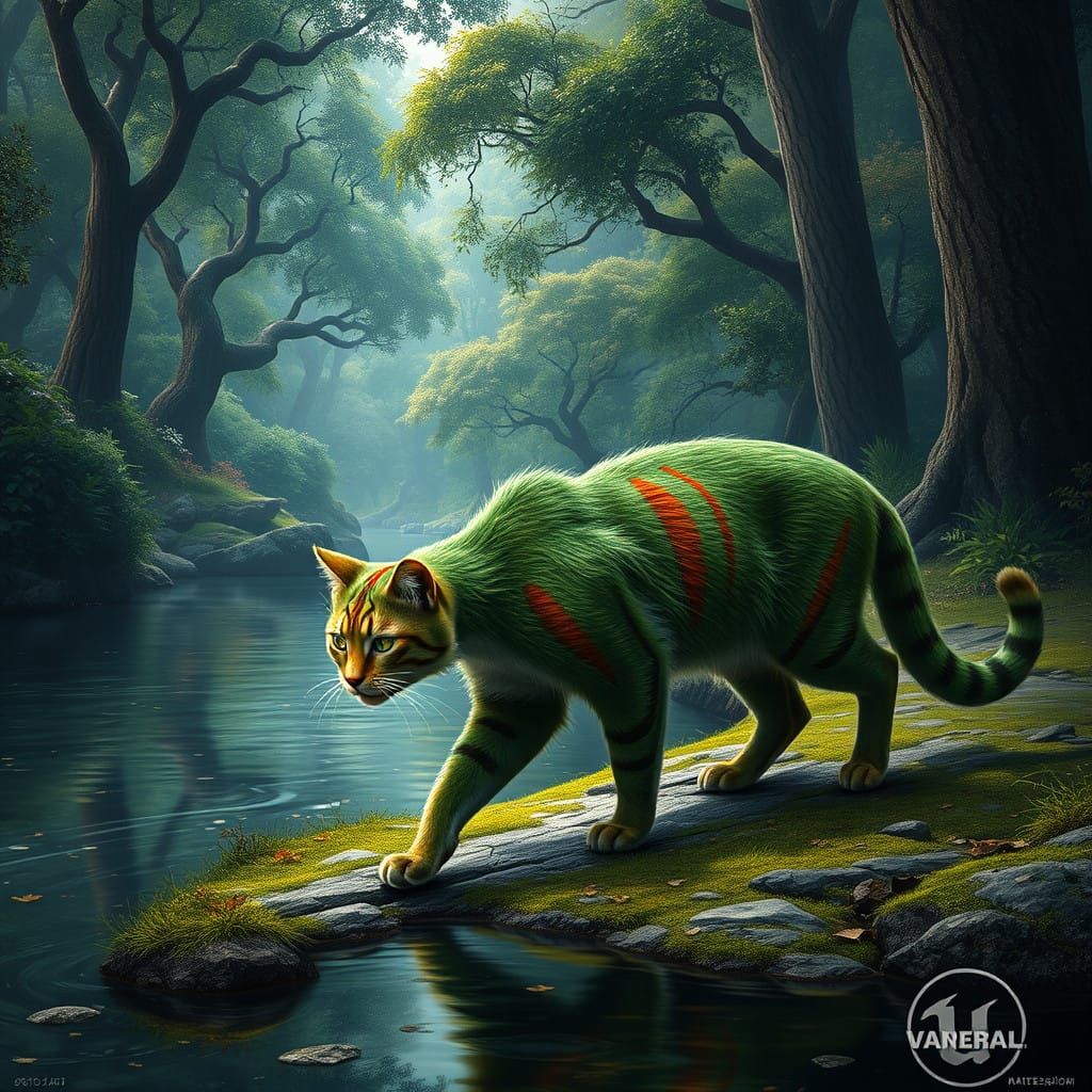 Majestic Green Cat Walks Along Winding Riverbank