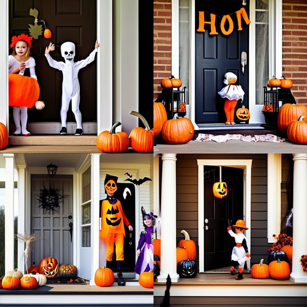 Trick-or-Treaters on Halloween Porch