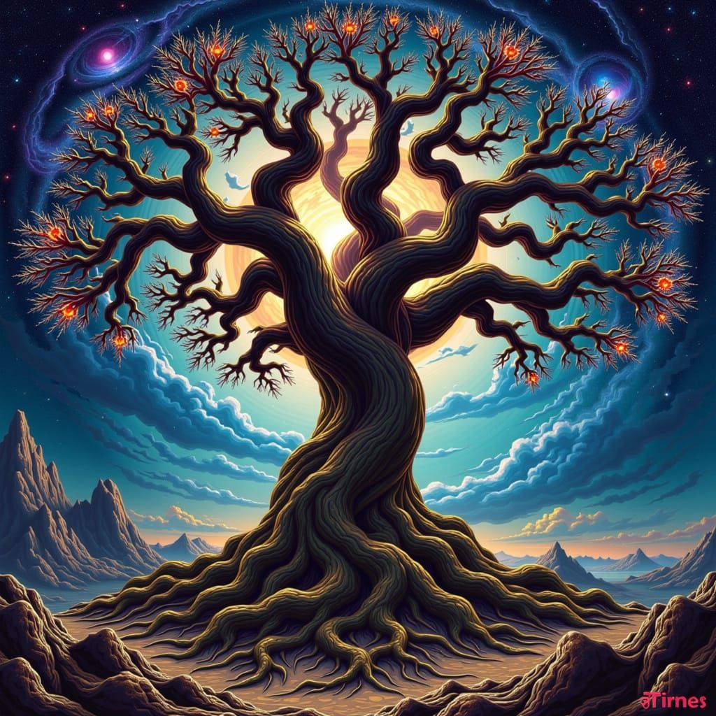 Ancient Tree Amidst Nebulae, Oil Painting Style