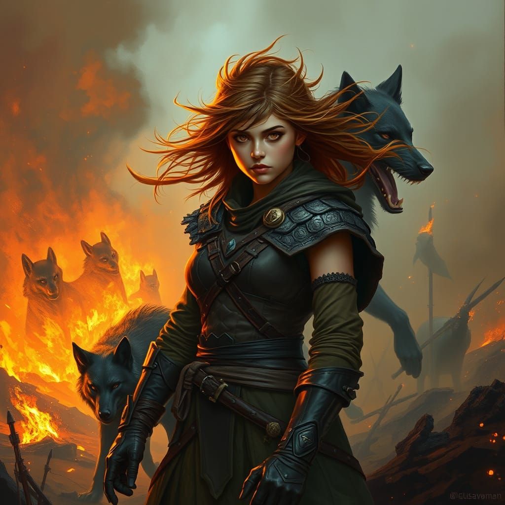 Girl Warrior and Wolf Companion on Scorched Battlefield