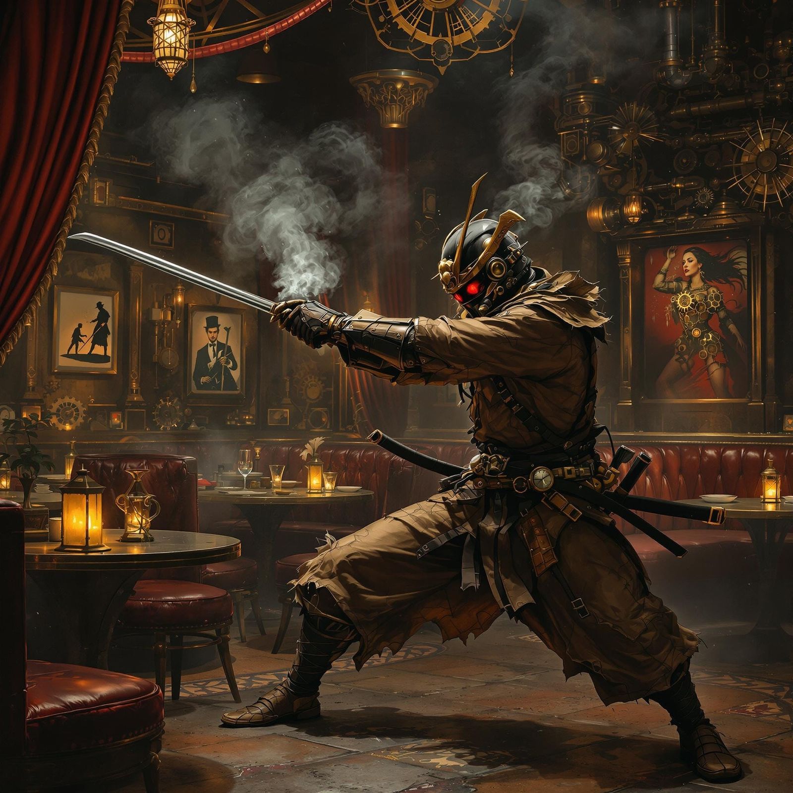 Dieselpunk Samurai in Speakeasy, Fantasy Art