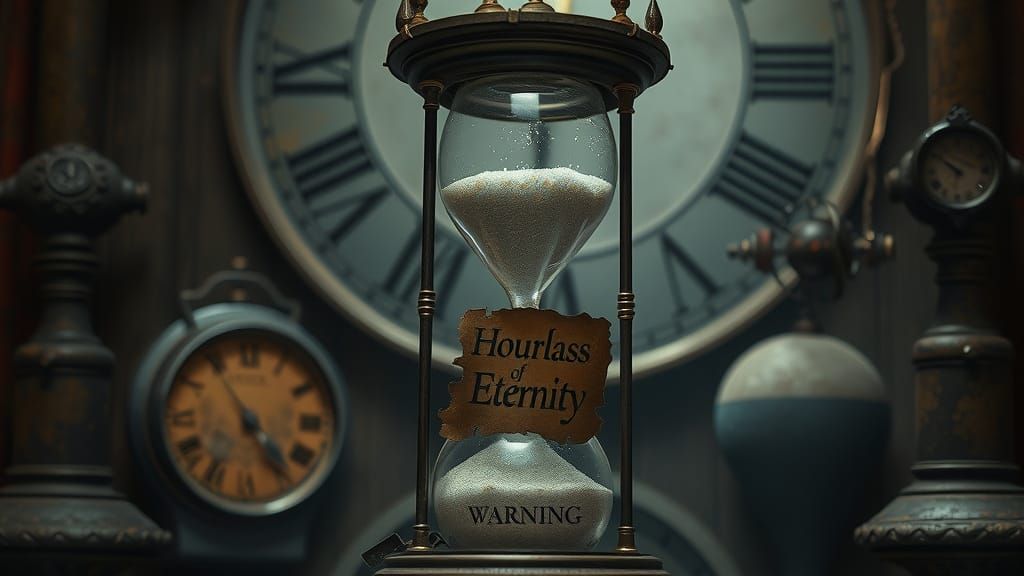 Dark Fantasy Clock Tower with Hourglass of Eternity