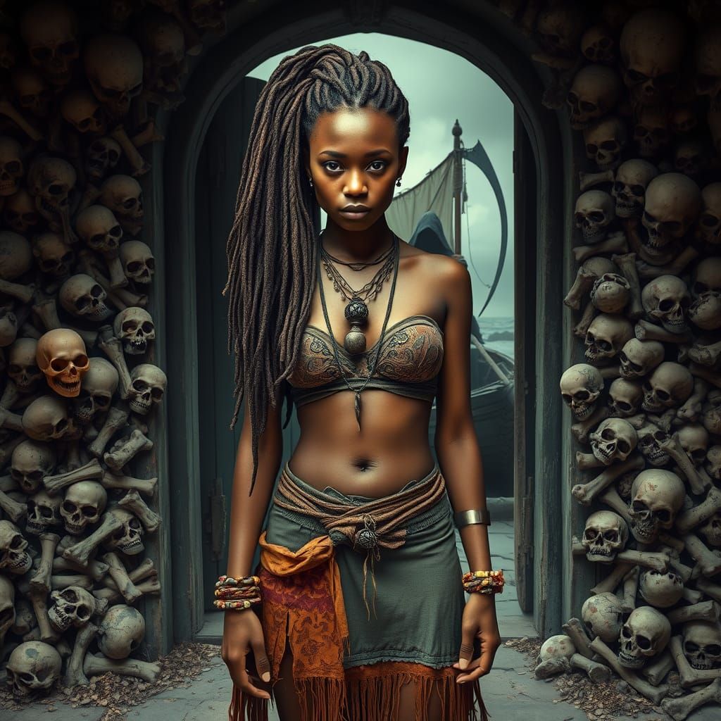 Ethereal Woman Stands Before Mysterious Doorway of Skulls