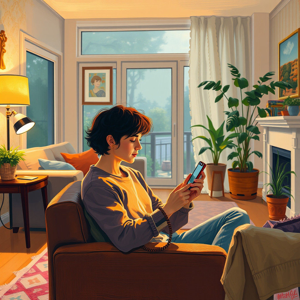 Person in Cozy Room Dials Phone, Impressionist Style