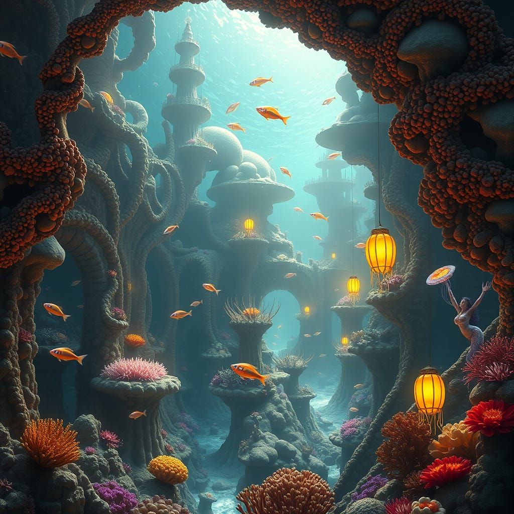 Underwater Coral City With Luminous Fish and Mermaids