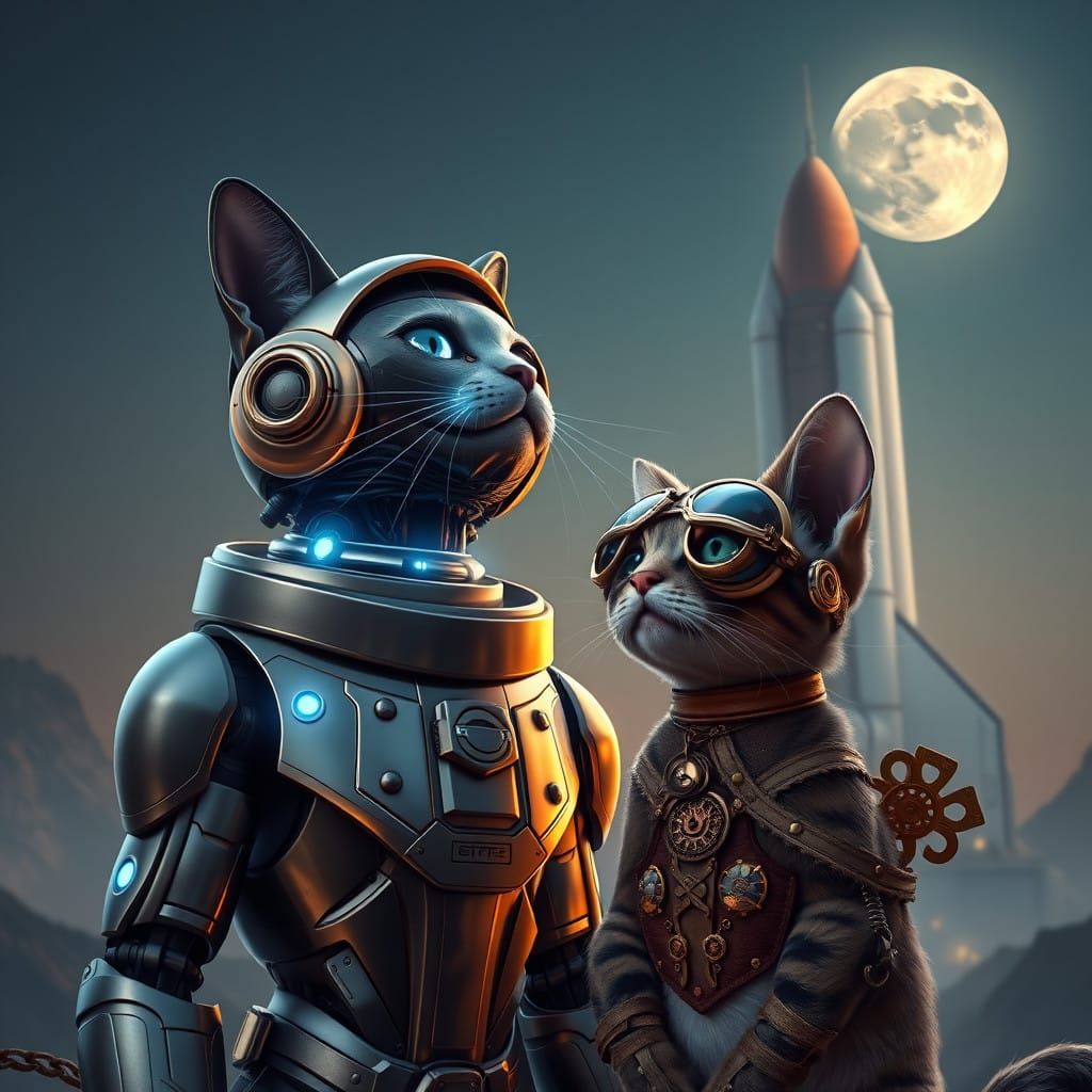A Robot cat wearing a space suit stands outside the space shuttle and a steampunk Kitten is beside it. A full Moon and a...
